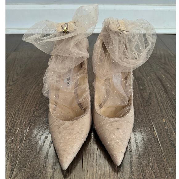 Jimmy Choo Lavish 100 Ruched Glitter Mesh Tulle Bow Heels Ballet Pink Size 39.5 - Picture 2 of 11